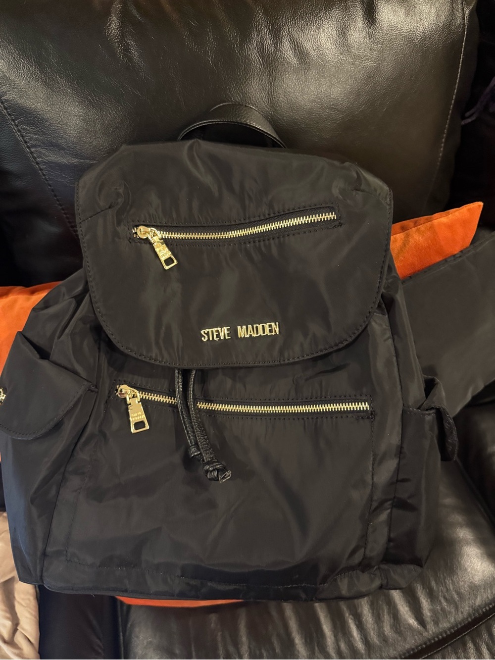 Steve Madden Black Nylon Backpack with Gold Accents